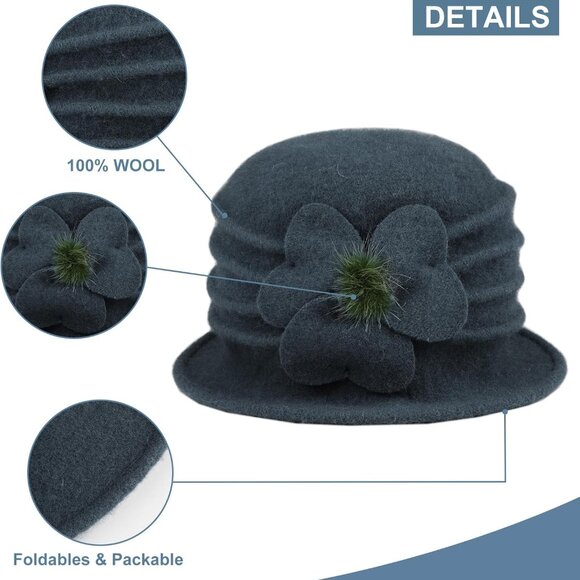 Women Beret Hat French Vintage Floral Wool Dress Cloche Classic Winter Hat 1920s - Picture 3 of 7